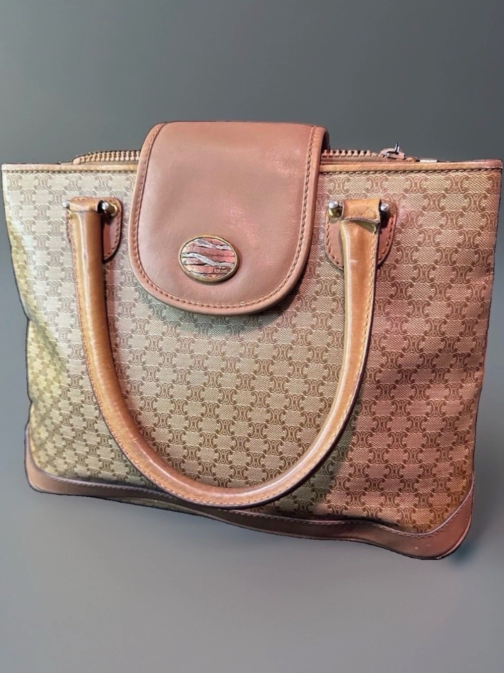 CELINE l Top Handle Satchel Beige/Tan Zip Closure Gold Hardware authentic